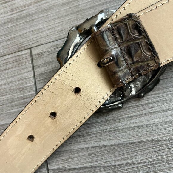 Chunky Italian Leather Brown Bedazzled Buckle Boho Belt Donald J Pliner Size XL - Picture 6 of 6